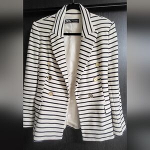 Zara Black and White Striped Blazer with Lapel Collar size S